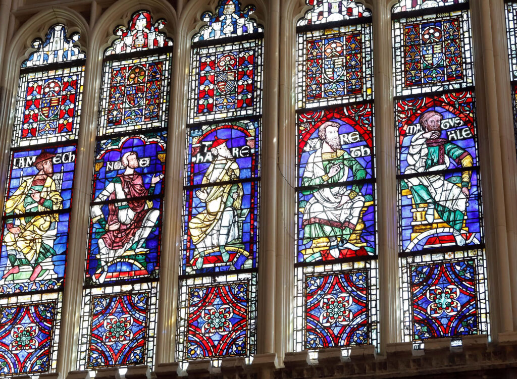 Vibrant stained glass windows Canterbury Cathedral Chapter House medieval gothic patterns wallpaper