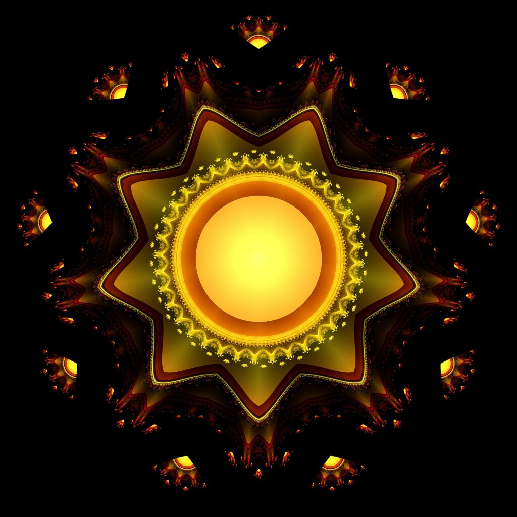 Vibrant Star Fractal Wallpaper: Intricate Glow on Black Background