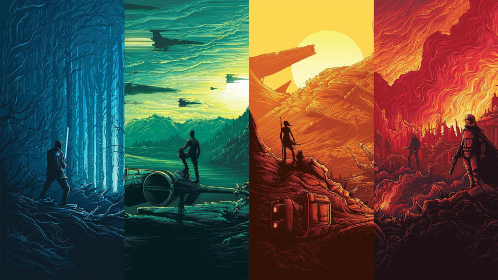 Vibrant Star Wars Quad-Panel Vector Art Wallpaper Background