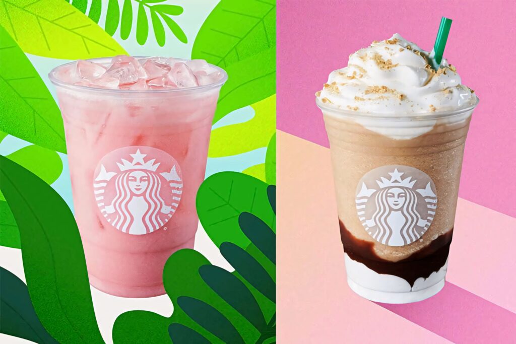 Vibrant Starbucks wallpaper with two iced coffee drinks ideal for a refreshing cafe break background