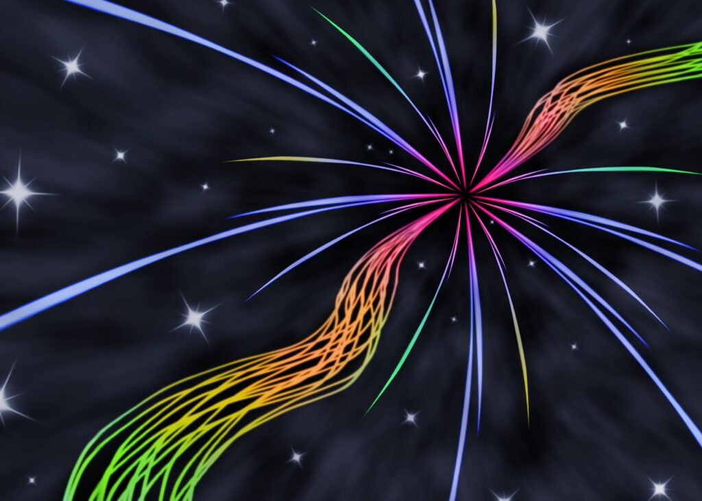 Vibrant Starburst Wallpaper with Rainbow Lines on Dark Background