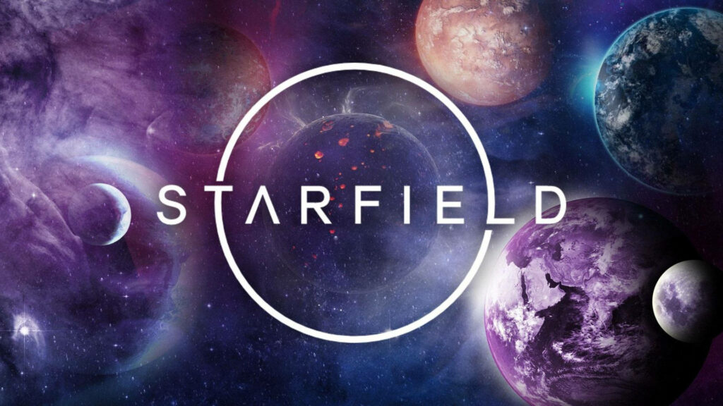 Vibrant Starfield wallpaper with colorful planets nebulae and bold logo on vast cosmic background