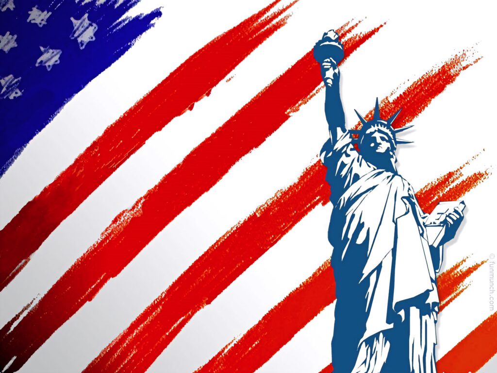 Vibrant Statue of Liberty Wallpaper with Bold U.S. Flag Background