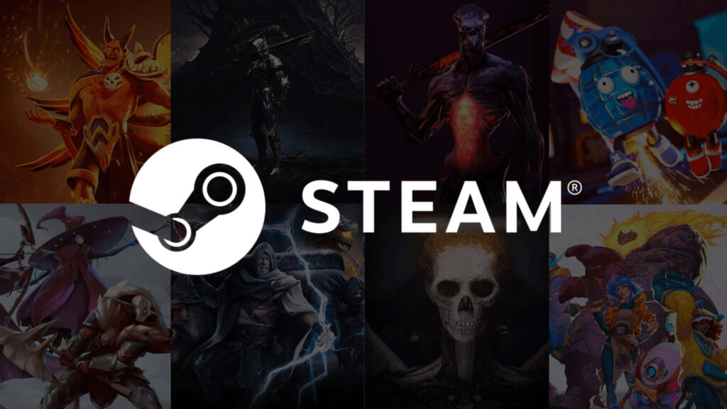 Vibrant Steam wallpaper with iconic game characters and artworks centered on bold Steam logo