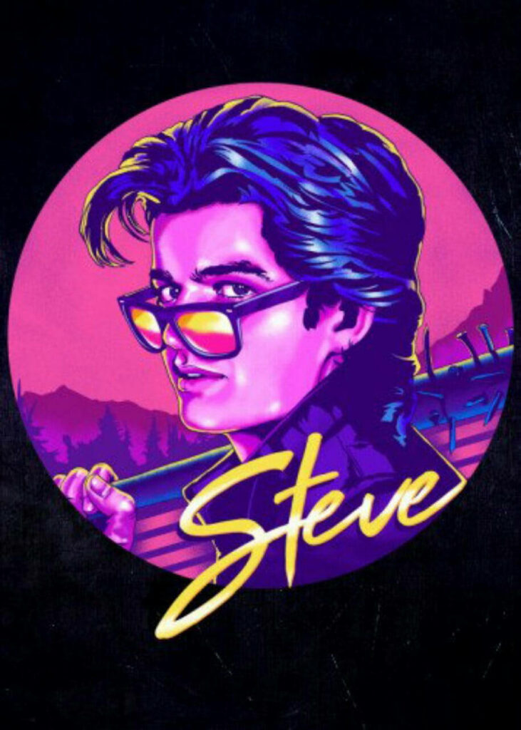 Retro Neon Steve Harrington Vector Art Wallpaper with Bold Typography