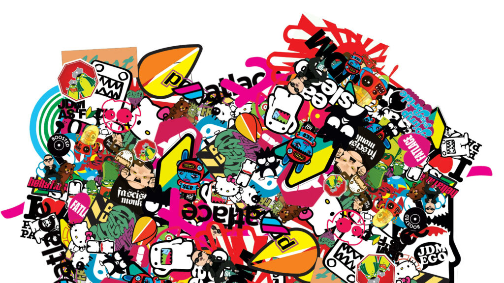 Whimsical Explosion: A Kaleidoscope of Sticker Art on a White Canvas Wallpaper