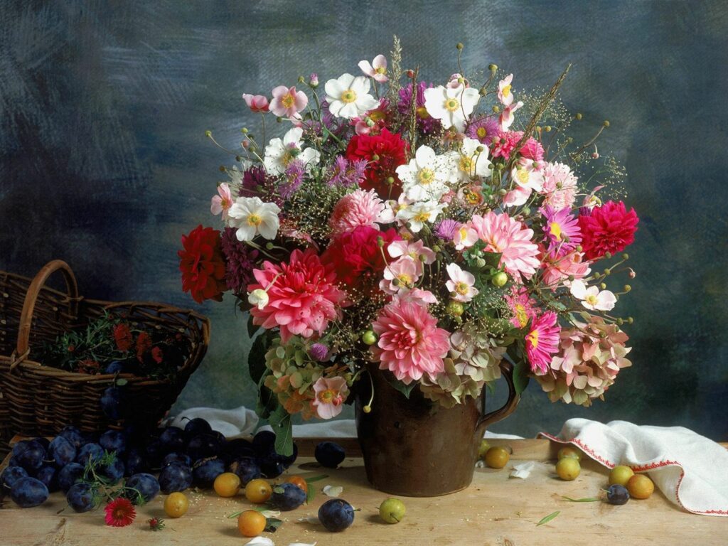 Vibrant Floral Still Life Wallpaper: Chrysanthemums & Rustic Charm