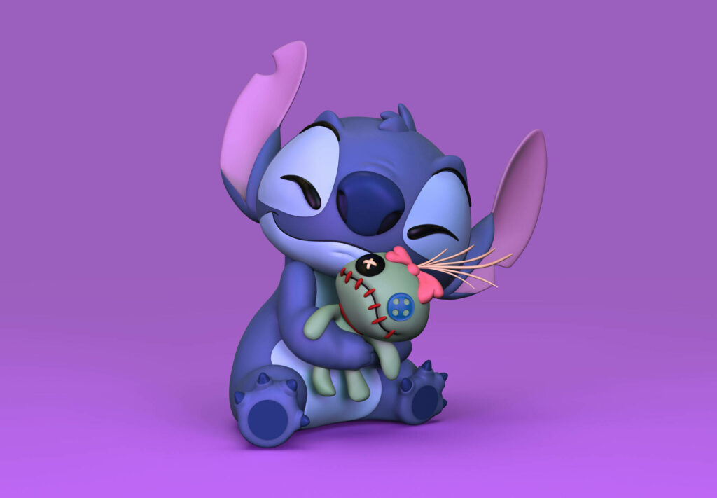 Cute 3D Stitch Wallpaper with Plush Toy & Vibrant Purple Background