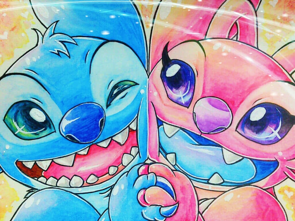 Colorful Stitch & Angel Wallpaper: Joyful Cartoon Art Background