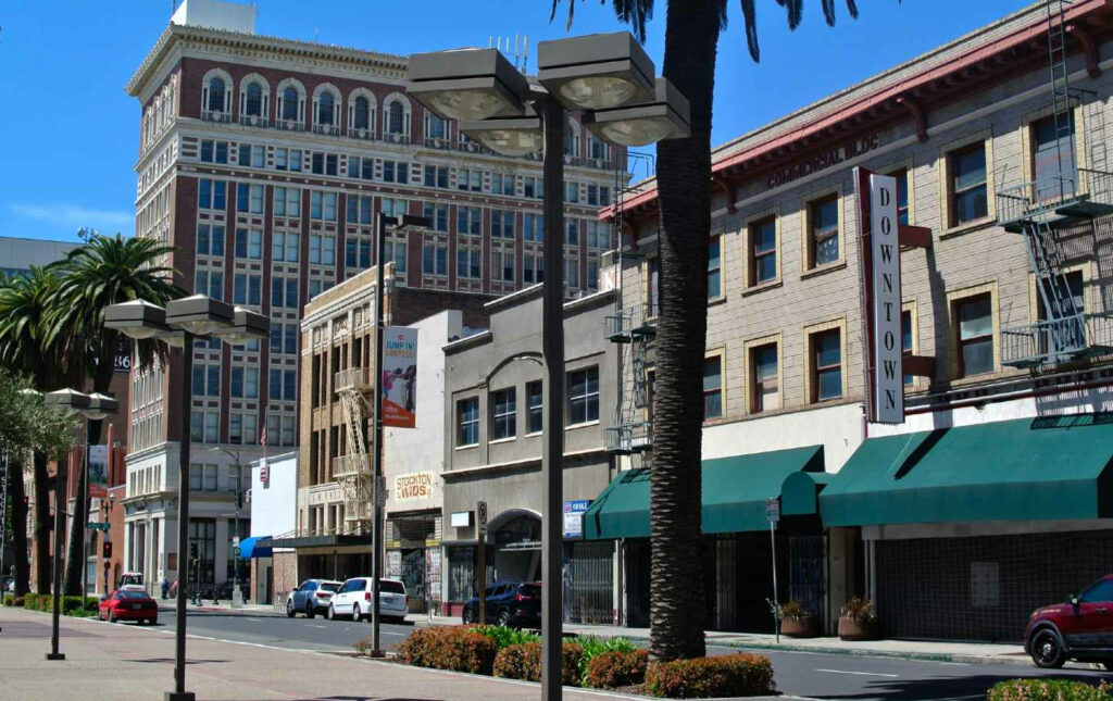 Vibrant Stockton Cityscape Wallpaper with Classic & Modern Architecture