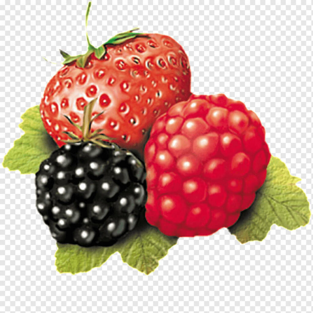 Detailed wallpaper of strawberry raspberry and loganberry on green leaves vibrant colors texture