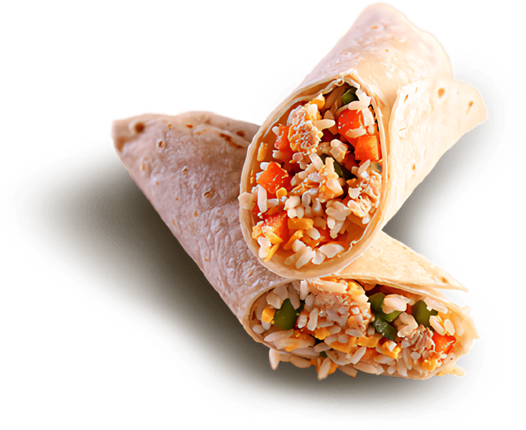 Vibrant Stuffed Burrito with Rice, Veggies & Cheese - Wallpaper Background