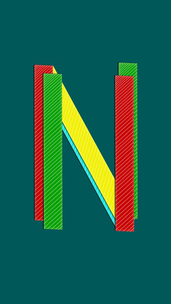 Stylized letter N digital art wallpaper with colorful layered stripes on dark teal background