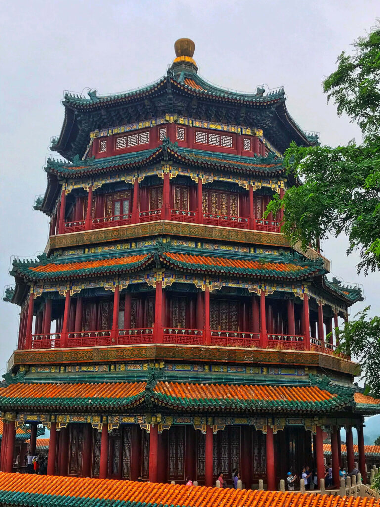 Stunning Summer Palace Wallpaper: Vibrant Red & Green Architecture