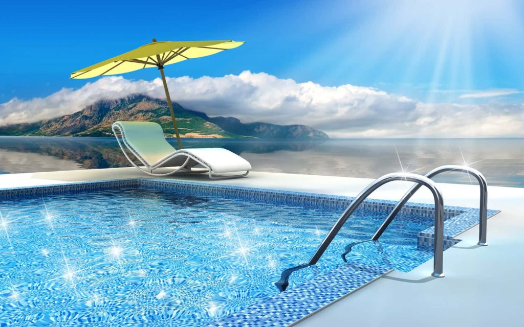 Vibrant CGI summer wallpaper with clear pool lounge chair yellow umbrella ocean mountain view