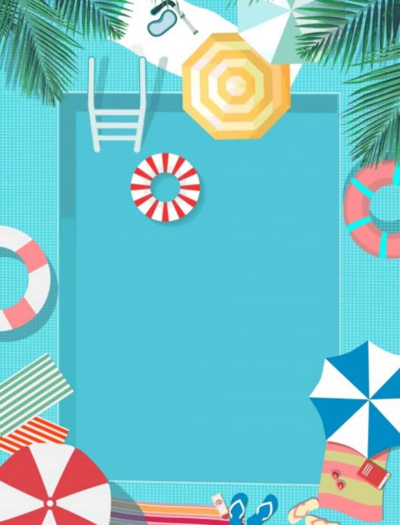 Aerial view summer pool wallpaper with palm fronds colorful umbrellas and fun pool floats