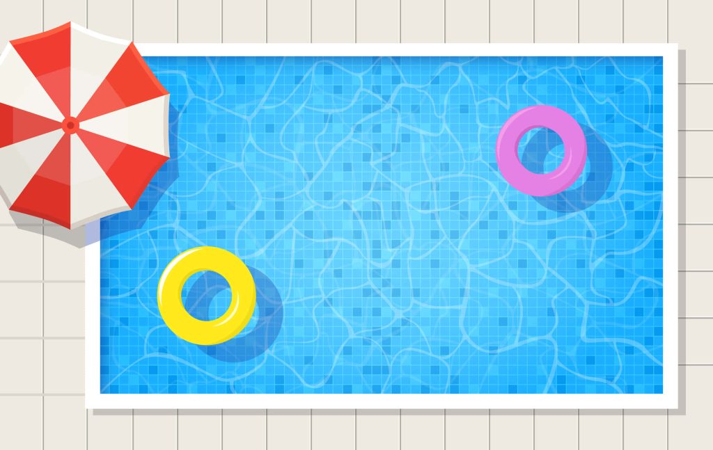 Top-down digital illustration of vibrant swimming pool with umbrella and colorful floats summer vacation Wallpaper