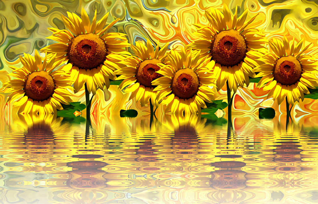 Reflective Sunflower Art: Vibrant Abstract Design with Bright Patterns Wallpaper