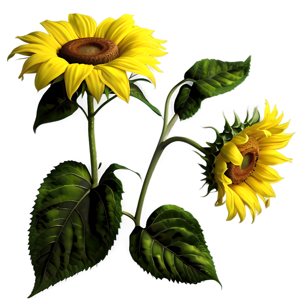 Vibrant Sunflower Wallpaper with Lush Green Leaves on Transparent BG