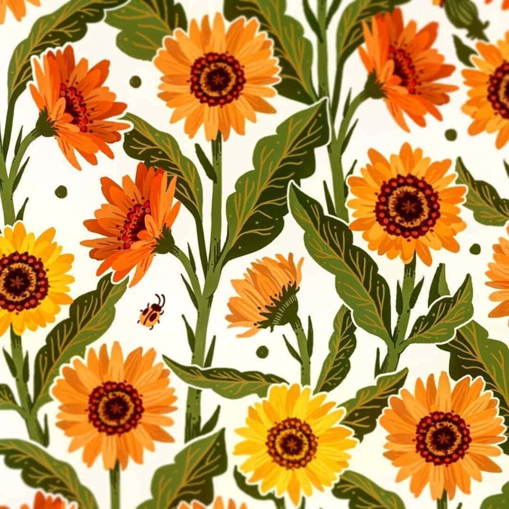 Vibrant Sunflower Wallpaper with Whimsical Bee and Green Leaves