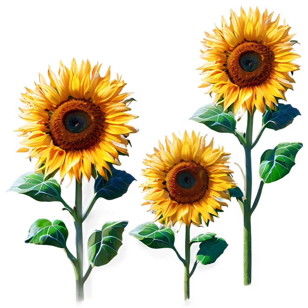 Vibrant Sunflower Wallpaper with Green Leaves on Transparent Background