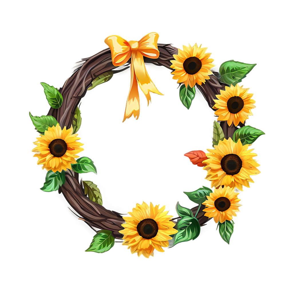 Elegant Sunflower Wreath Wallpaper with Golden Bow on Transparent Background