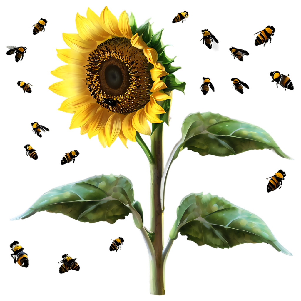 Vibrant Sunflower with Bees and Green Leaves on Transparent Background Wallpaper