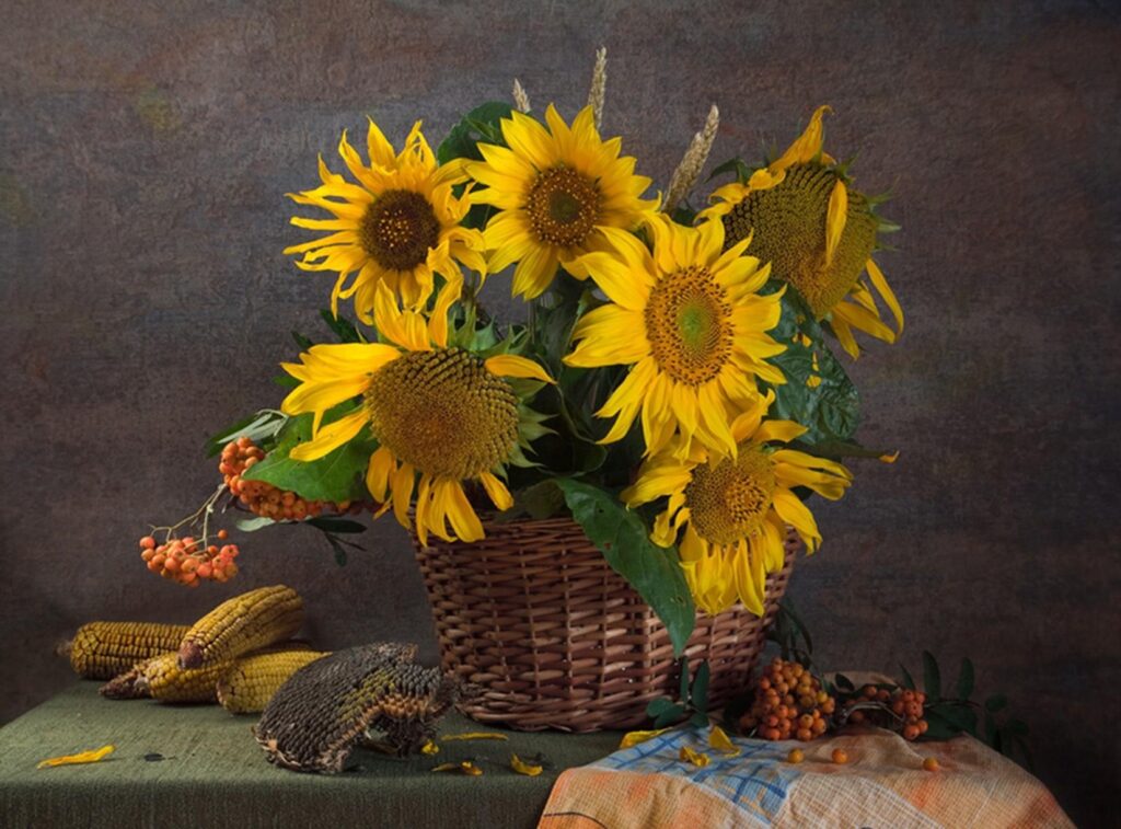 Vibrant Sunflower Still Life with Corn and Berries - Rustic Harvest Wallpaper