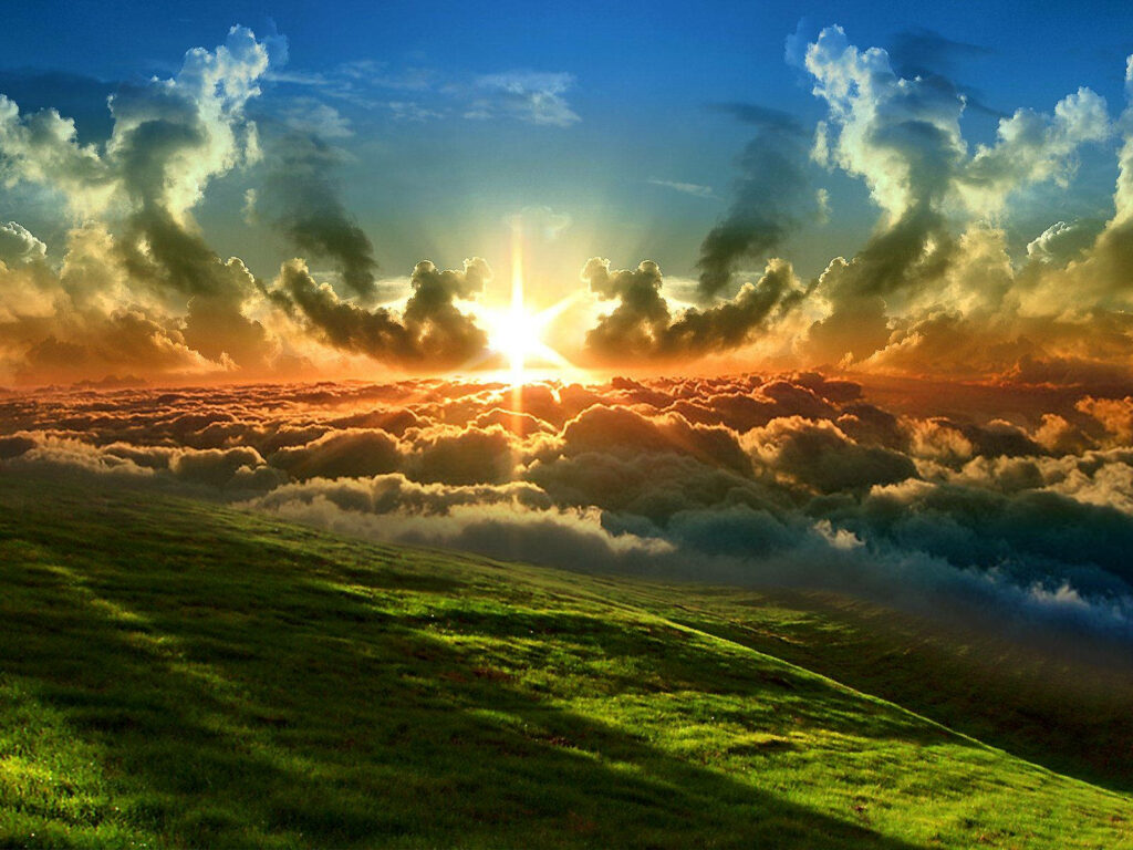 Vibrant Sunrise Wallpaper: Golden Rays Over Green Field & Blue Sky