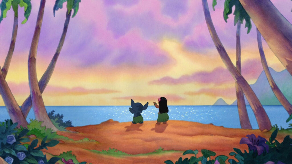 Vibrant Sunset Wallpaper with Animated Characters on Tropical Shore