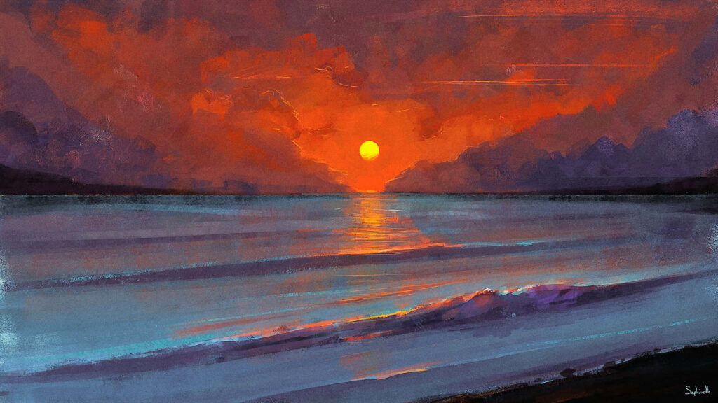 Vibrant Sunset Wallpaper: Calm Sea with Serene Orange-Purple Sky