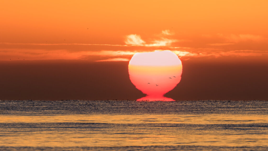 Vibrant sunset over calm sea with warm orange sky and golden reflections serene nature wallpaper