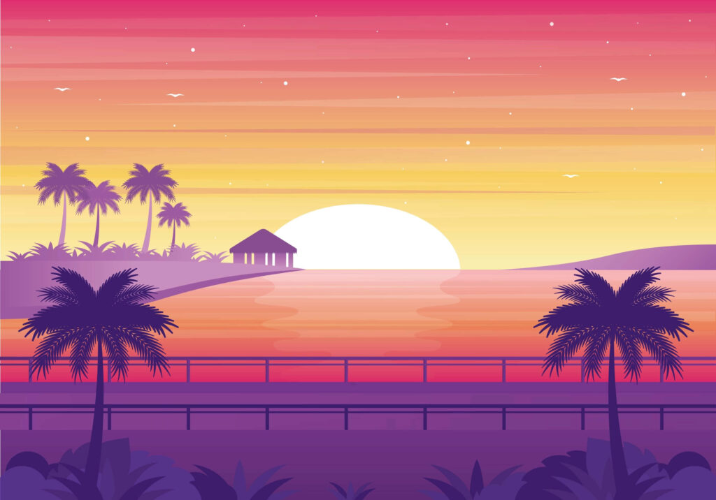 Vibrant Tropical Sunset Wallpaper: Serene Beach Vector Art