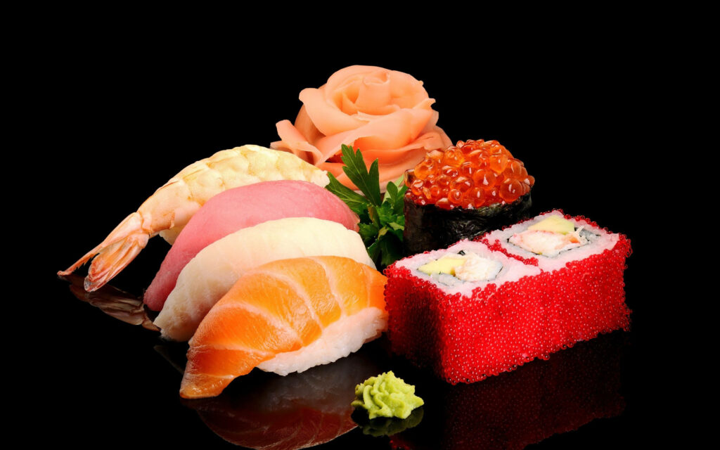Vibrant Sushi Platter Wallpaper: Flower-Shaped Sashimi & Rolls