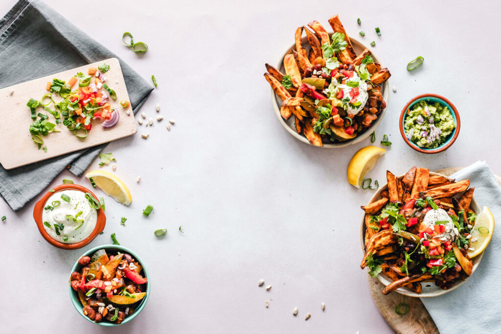 Colorful Sweet Potato Fries & Dipping Sauces Wallpaper Background