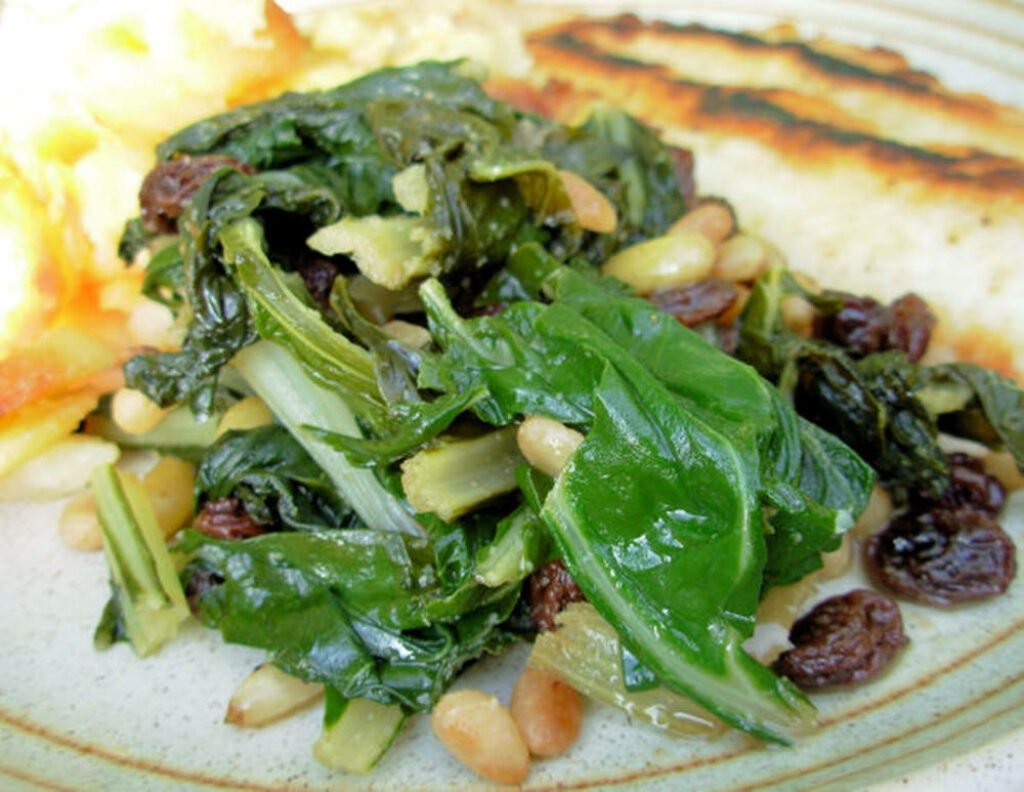 Colorful Swiss Chard Salad with Raisins & Pine Nuts - Mediterranean Wallpaper