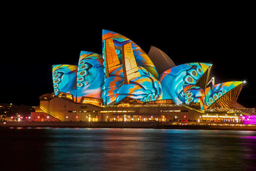 Colorful Sydney Opera House Night Wallpaper with Water Reflection
