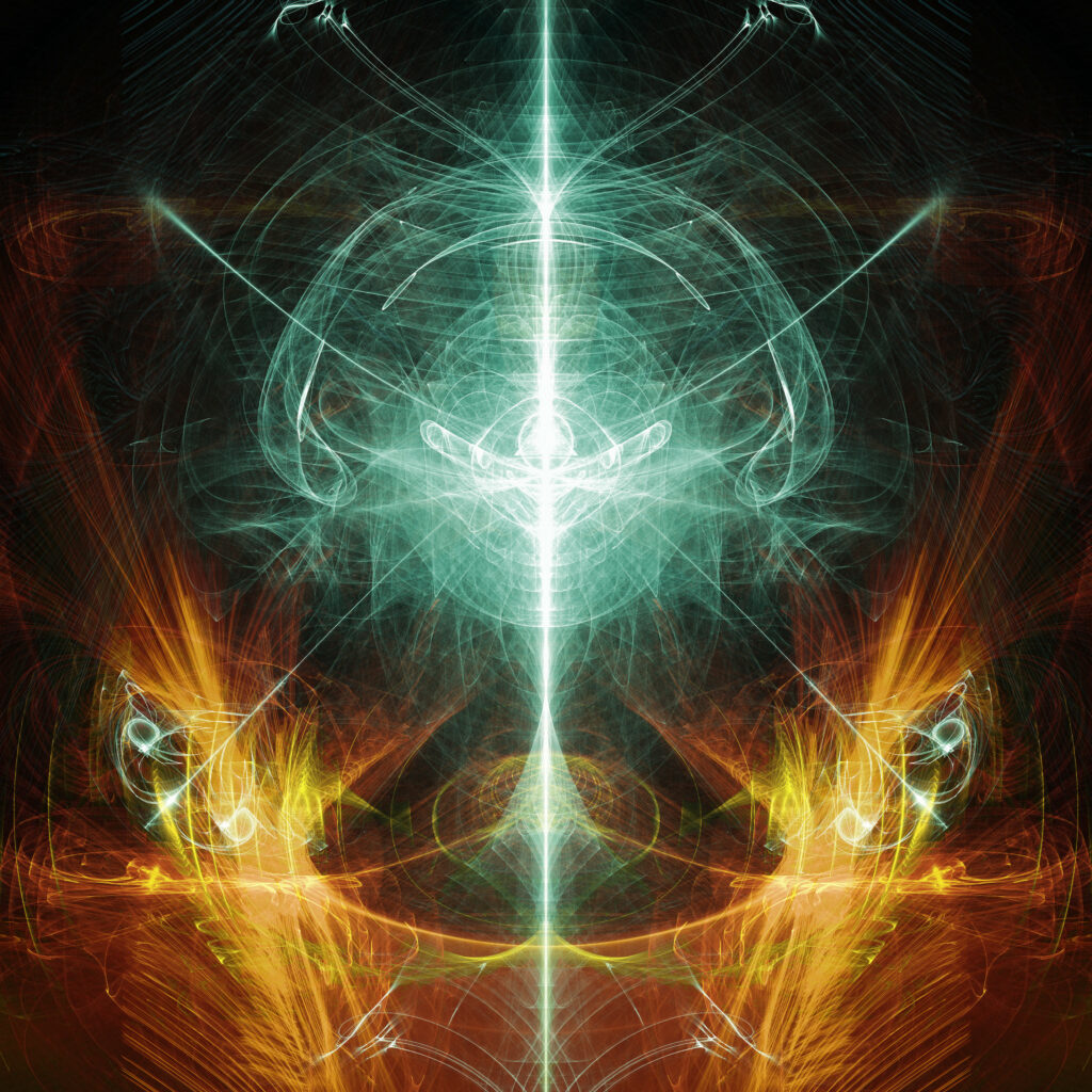 Vibrant Symmetrical Abstract Wallpaper: Green & Orange Light Patterns