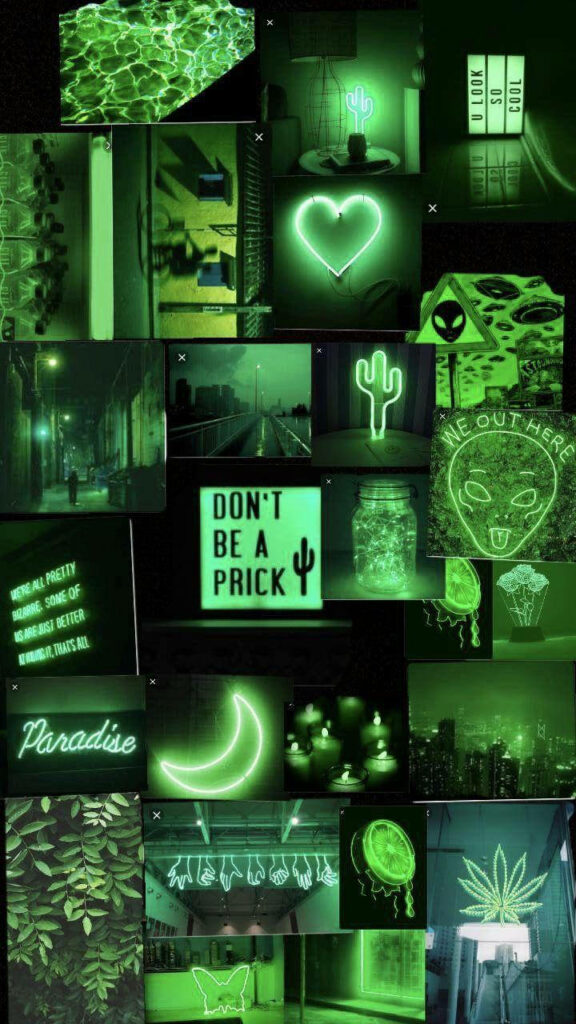 Luminous Symphony: A Kaleidoscope of Radiant Neon Lights in Serene Green Hues - Enchanting Light Green Aesthetic Wallpaper