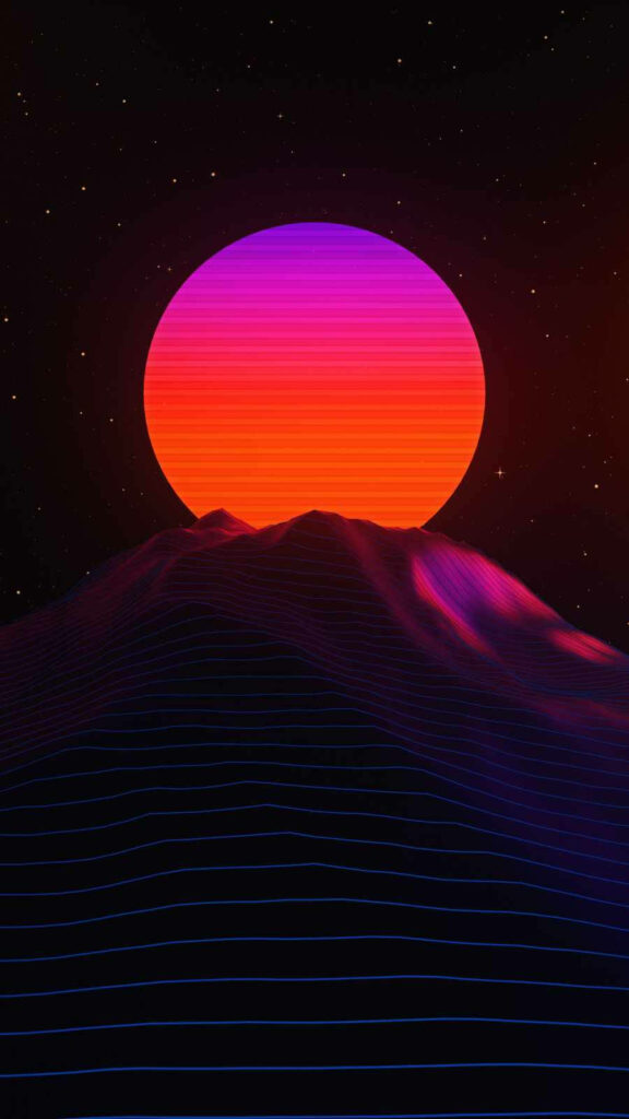 Futuristic Synth-Wave Wallpaper: Neon Moon & Starry Sky Design