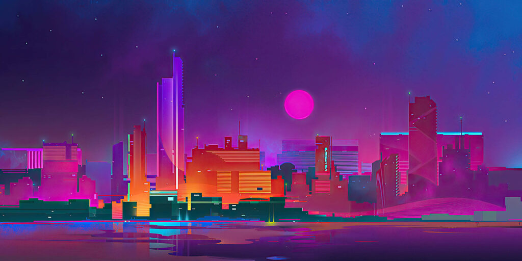 Neon Metropolis: Immersive Digital Art Depicting a Vibrant Synthwave Cityscape Wallpaper