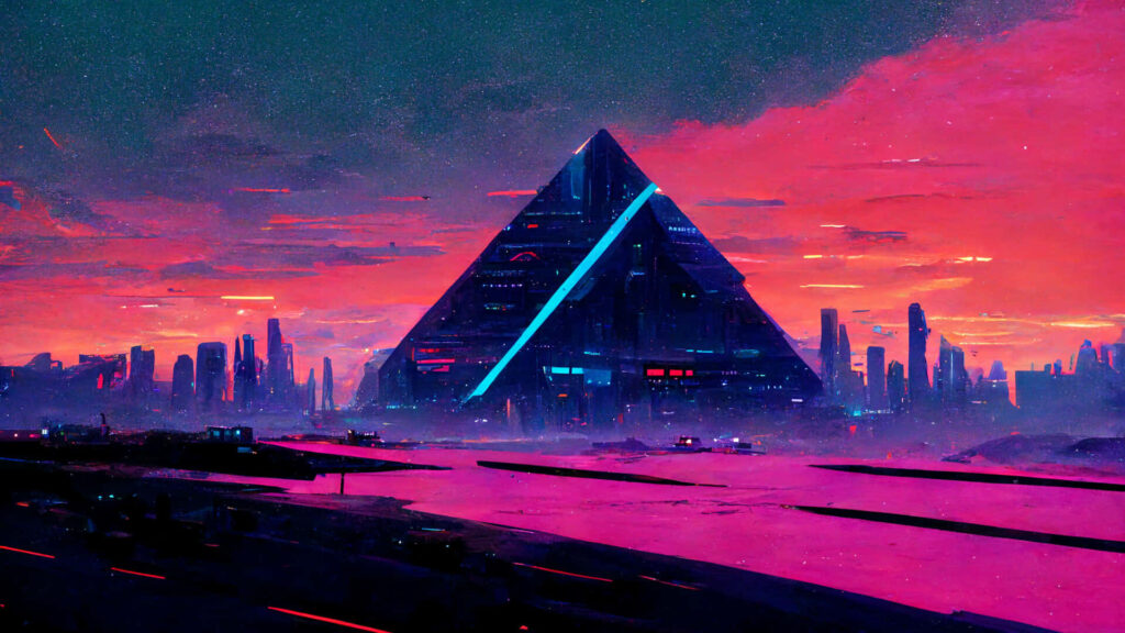 Retro-Futuristic Urban Landscape: Majestic Triangular Hub Amid Synthwave Metropolis Wallpaper