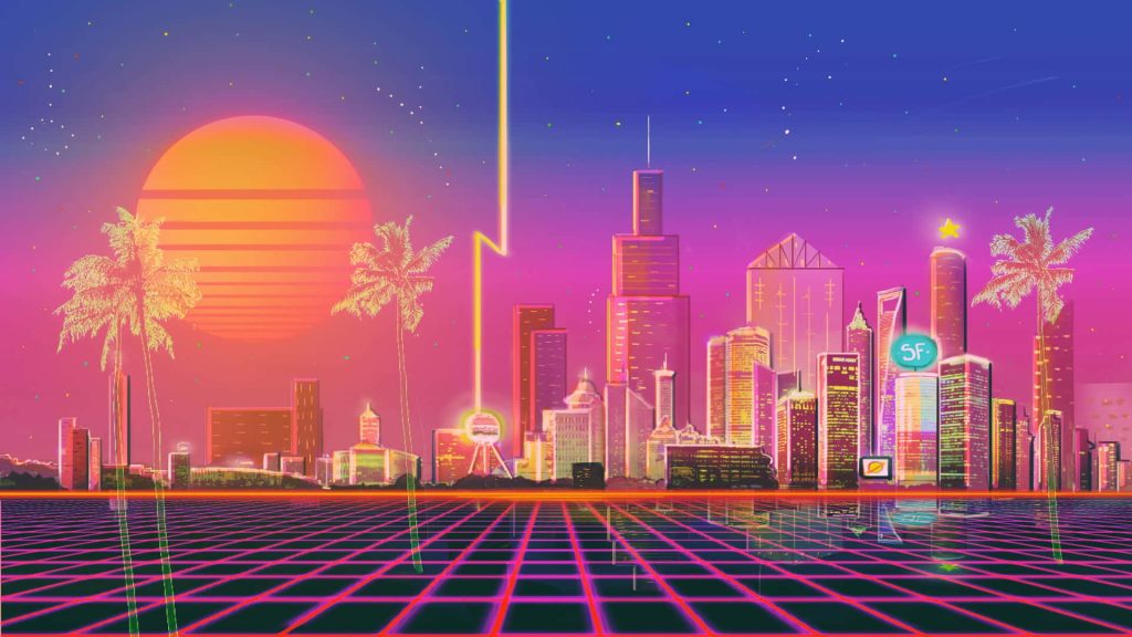 Retro-futuristic San Francisco skyline with neon sunset palm trees and classic synthwave grid background Wallpaper