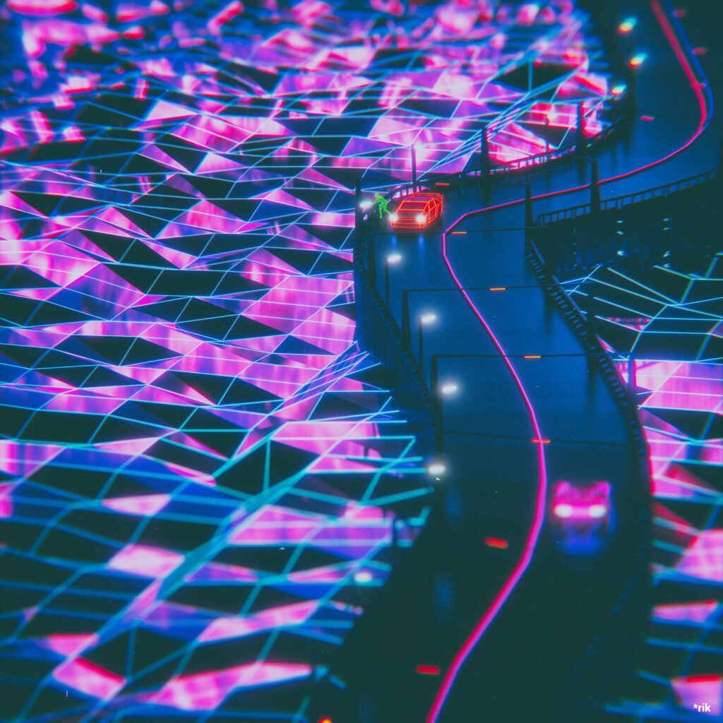 Vibrant 3240x3240 Synthwave Wallpaper: Neon Road & Futuristic Landscape