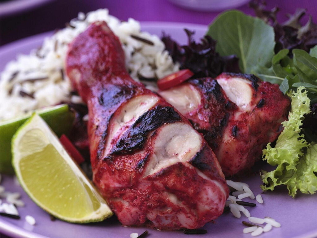 Vibrant Tandoori Chicken Wallpaper: Appetizing Plate with Greens & Rice