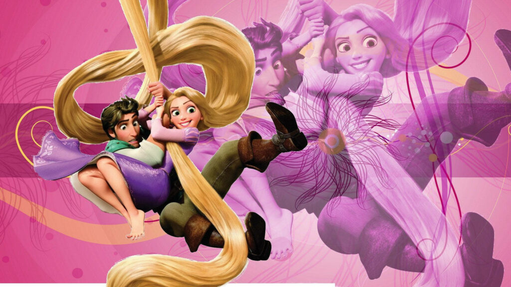 Vibrant Tangled Wallpaper: Rapunzel & Flynn Swinging in Pink