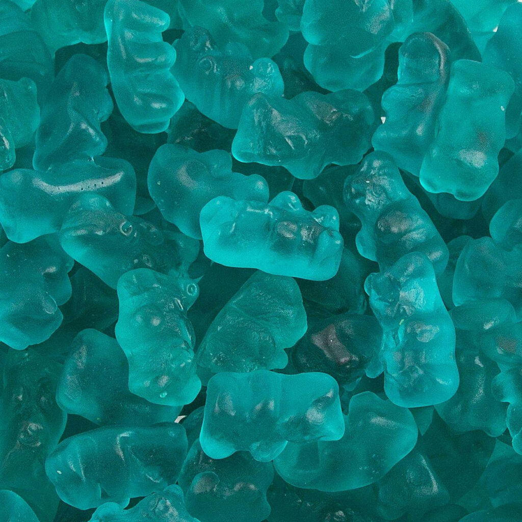 Vibrant teal gummy bears wallpaper with glossy translucent candy pattern playful background