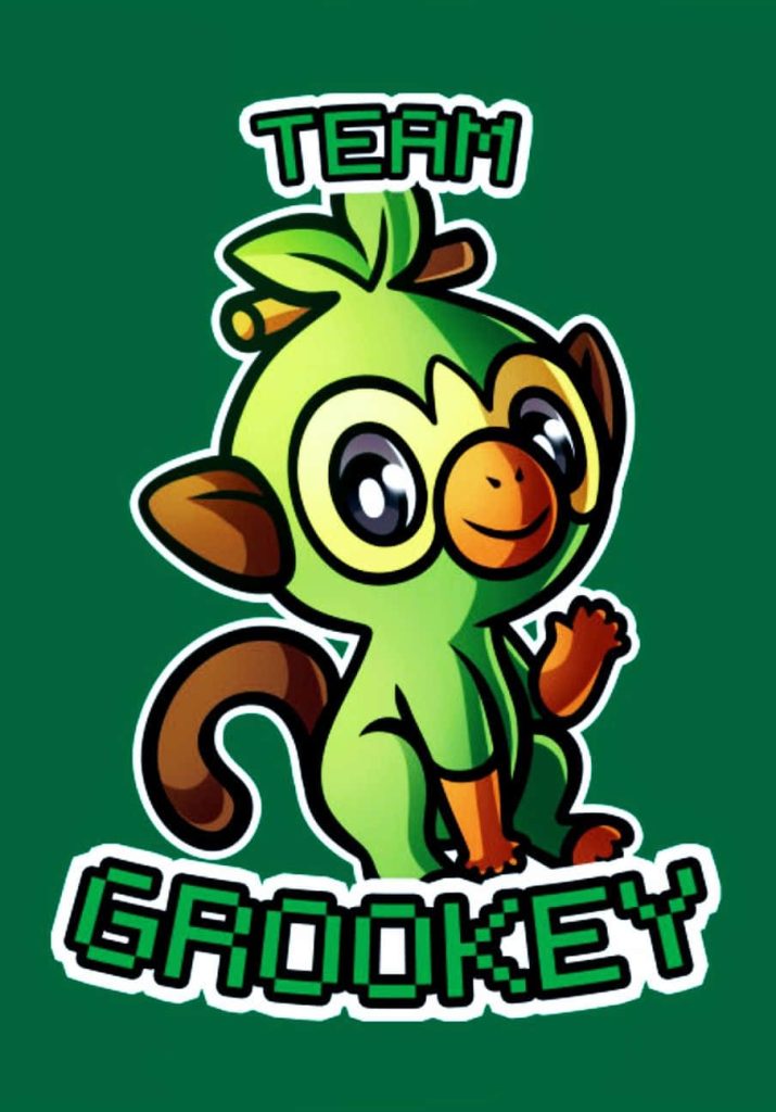 Vibrant Team Grookey wallpaper with bold grass type Pokemon digital art on green background