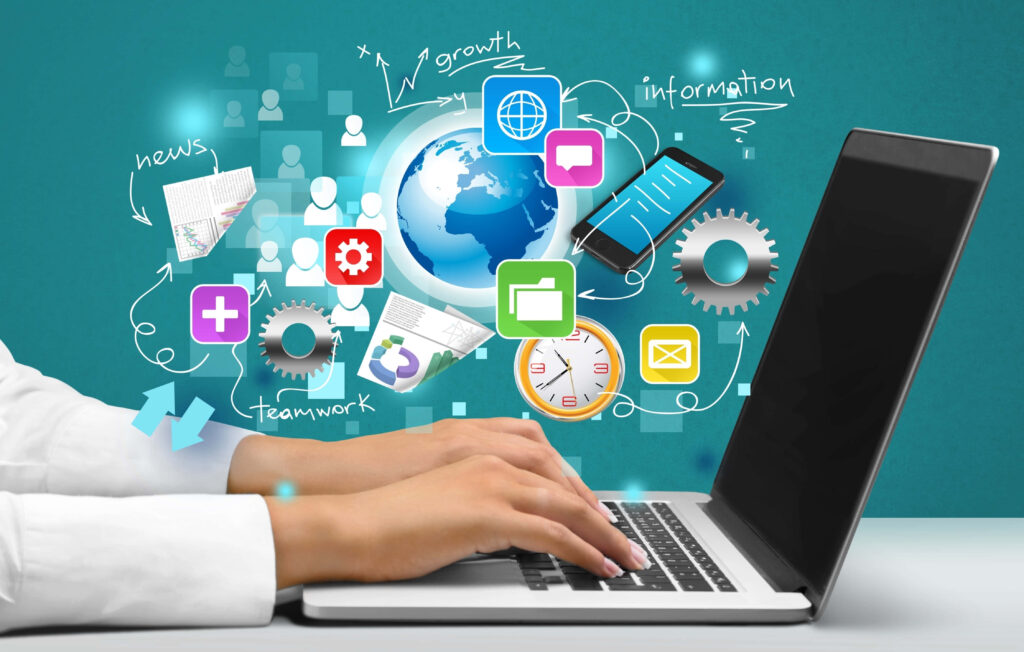 Vibrant Technology Wallpaper: Hands Typing, Icons & Global Connection