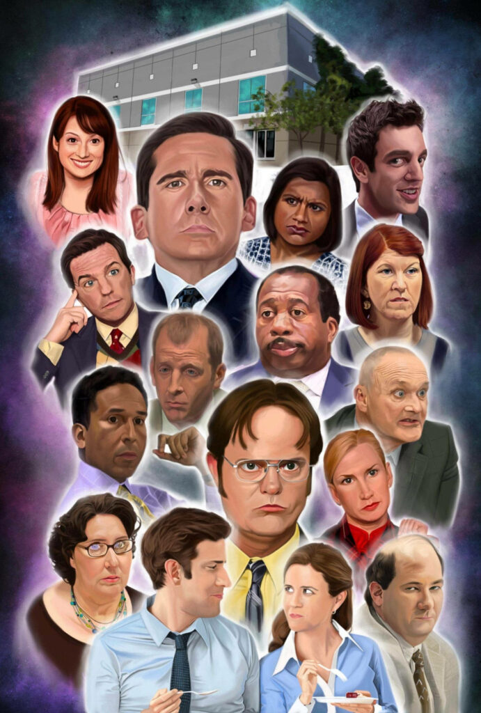 Colorful iPhone Wallpaper: The Office Characters in Cosmic Setting